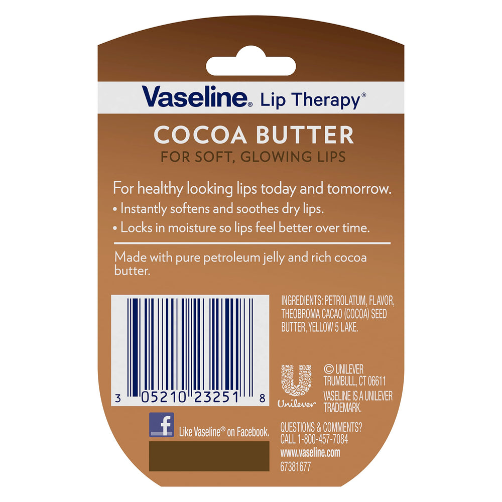 Vaseline Lip Therapy Cocoa Butter balm being applied to lips.