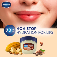 Vaseline Lip Therapy Cocoa Butter tube in hand ready for application