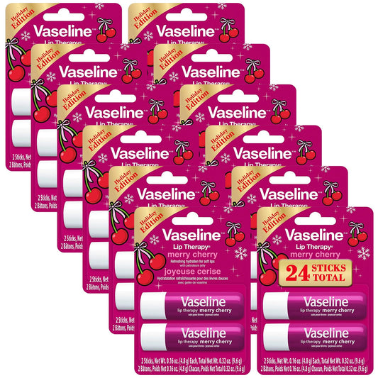 Vaseline Lip Therapy Merry Cherry twin pack for festive moisture on the go.