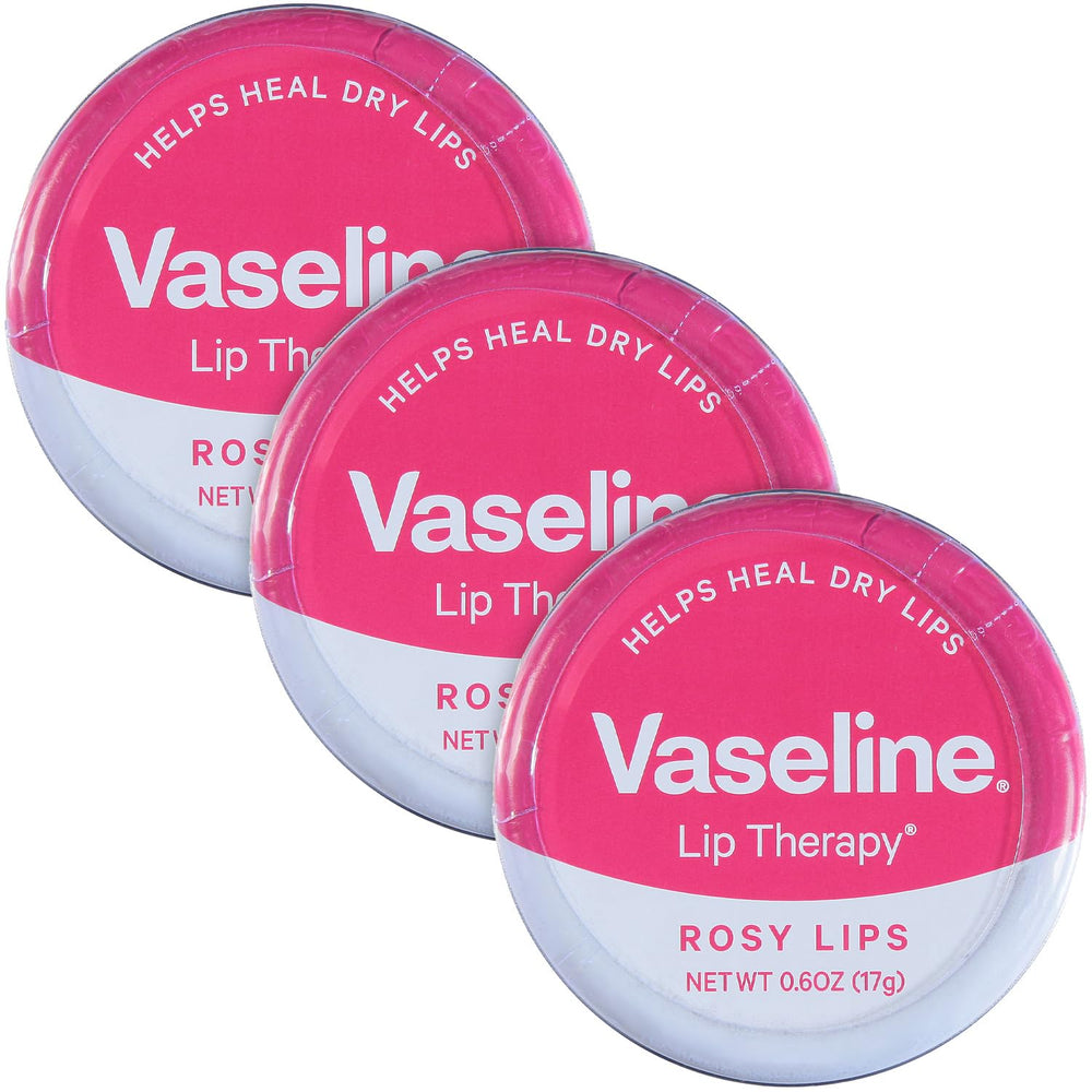 Vaseline Lip Therapy Rosy Lips Tin 3-Pack kept in view for soft lips with rosy tint