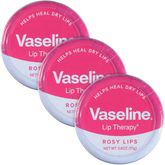 Vaseline Lip Therapy Rosy Lips Tin 3-Pack kept in view for soft lips with rosy tint
