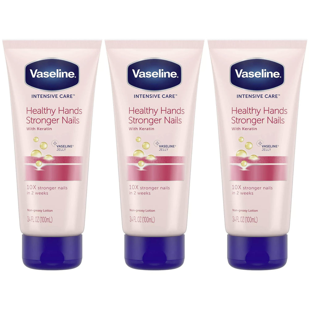 Vaseline Keratin Nail Strength lotion on nails and cuticles for potential strengthening and hydration.