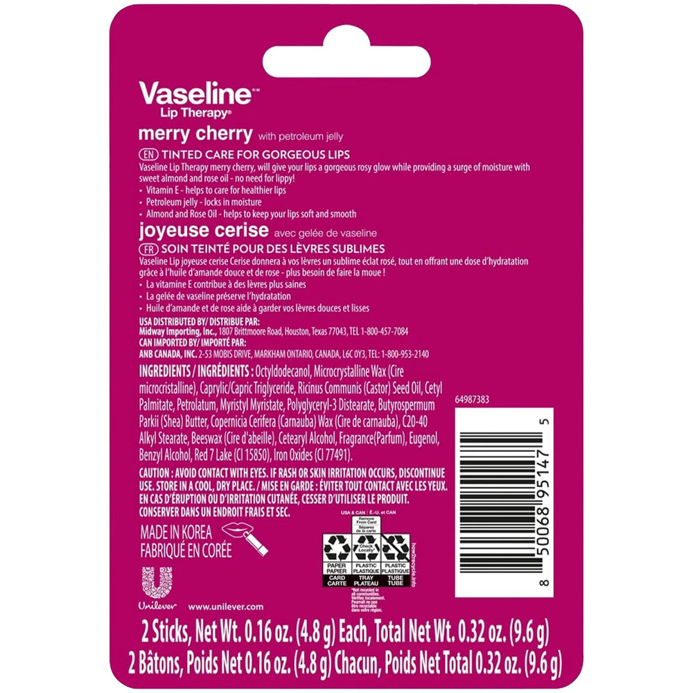 Vaseline Merry Cherry lip balm stick delivering long-lasting moisture and cherry scent.