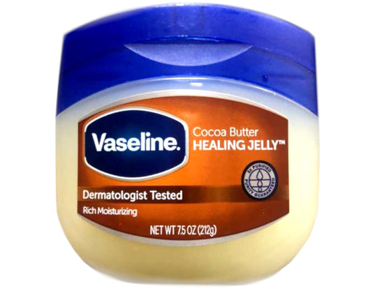 Vaseline Rich Conditioning petroleum jelly with cocoa butter for smooth, moisturized skin.