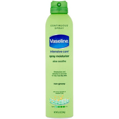 Vaseline Spray & Go Aloe Fresh bottle applying quick, non-greasy hydration for dry skin.