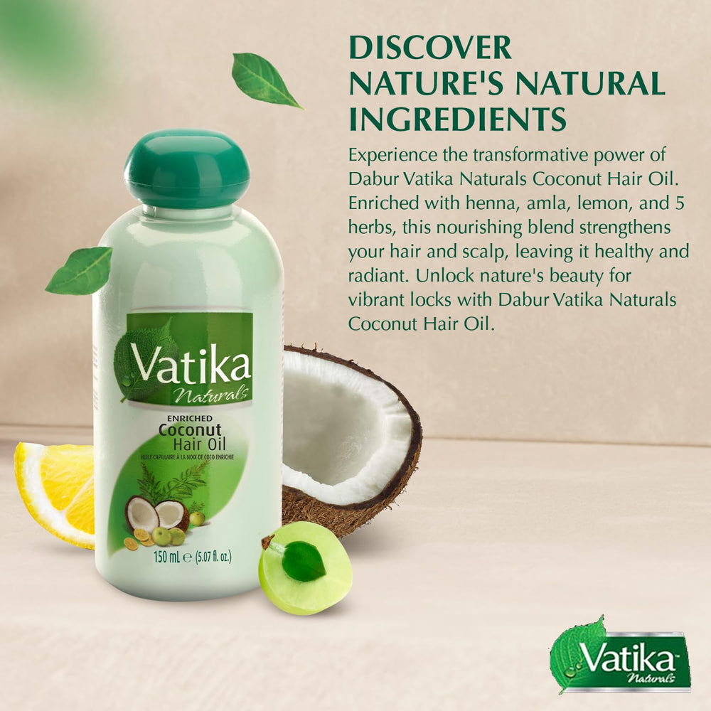Vatika Dabur coconut oil hair nourishment close-up showing herbal blend.