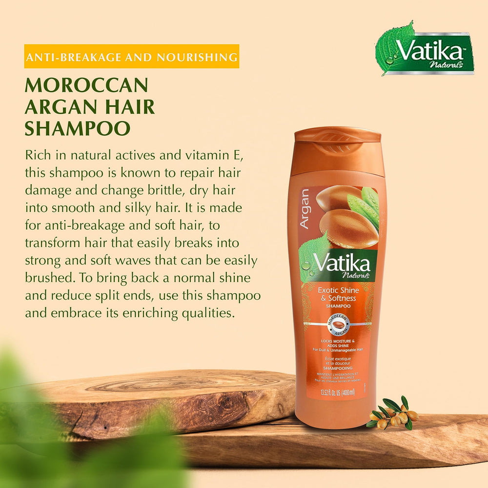 Vatika Naturals Argan Oil Shampoo close-up with argan oil droplets.