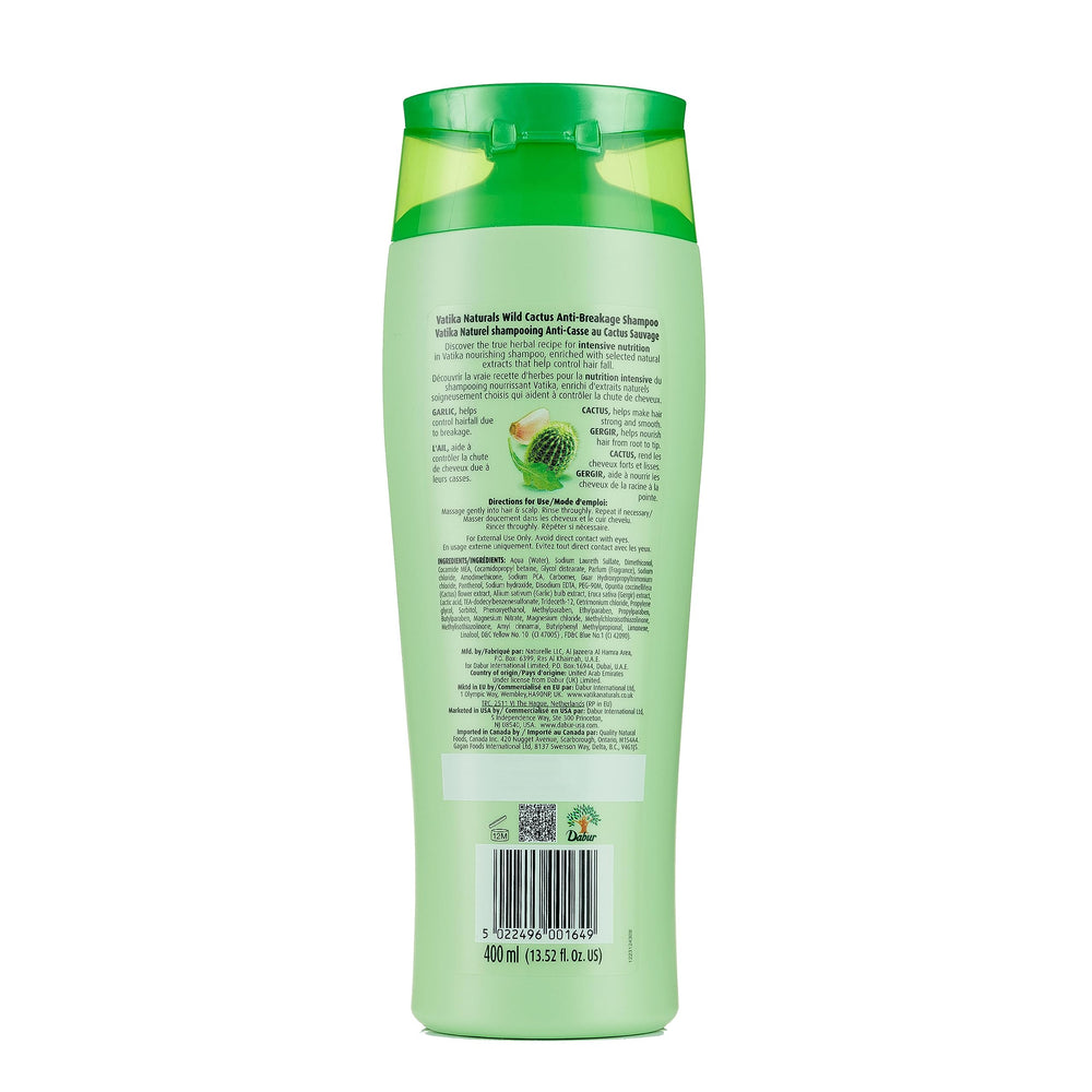 Vatika Naturals Daily Shampoo ingredients graphic showing garlic and cactus for strength.