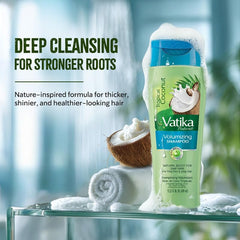 Vatika Naturals packaging highlighting coconut and botanical extracts for nourished hair.
