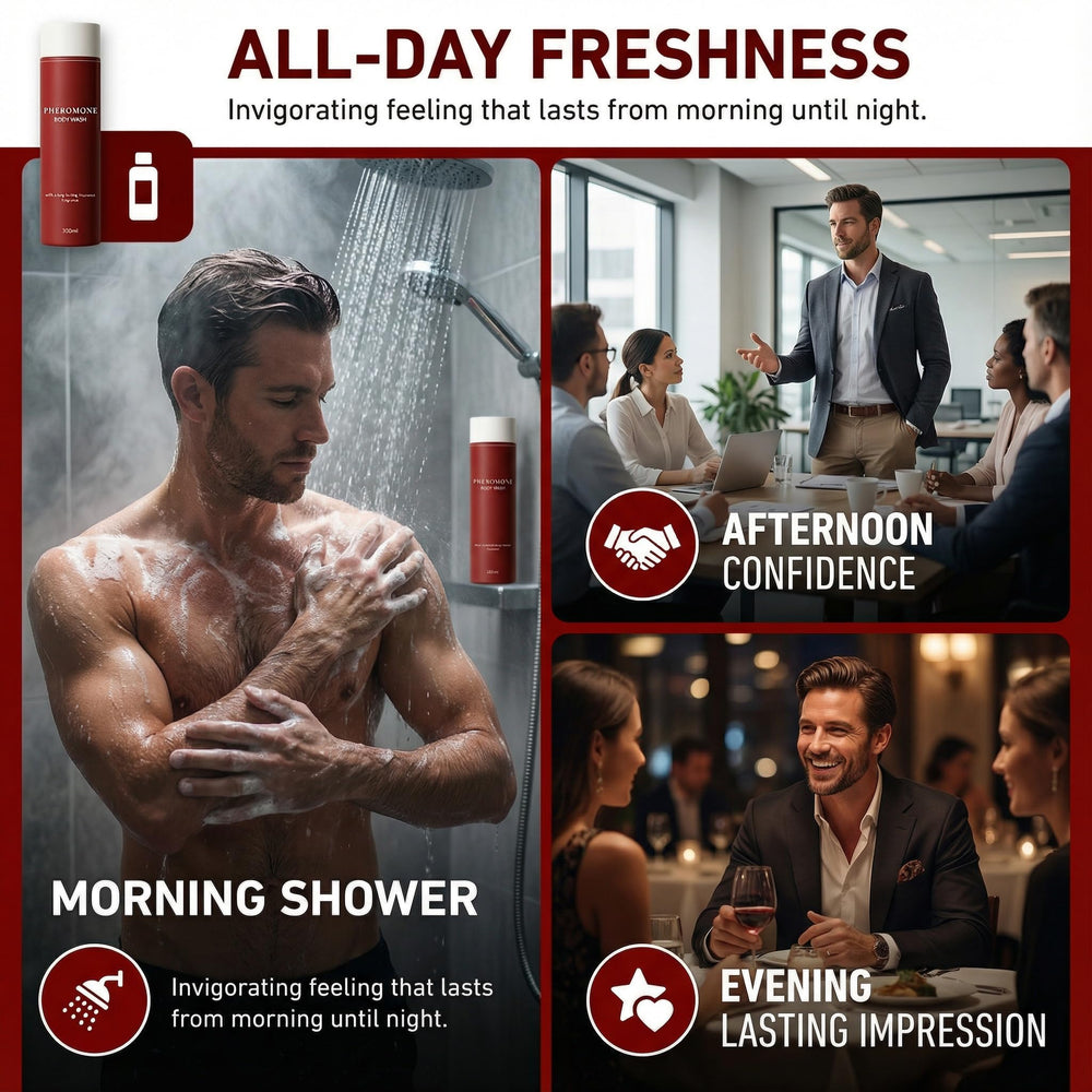 Vbolre Fragrances Pheromone Body Wash bathroom-scene promoting a refreshing start to the day.