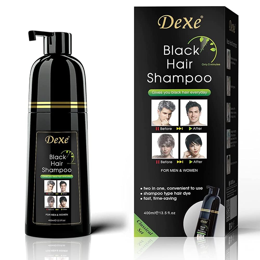 Vedora Instant Black Hair Shampoo bottle showing color-boosting formula for quick at-home coloring