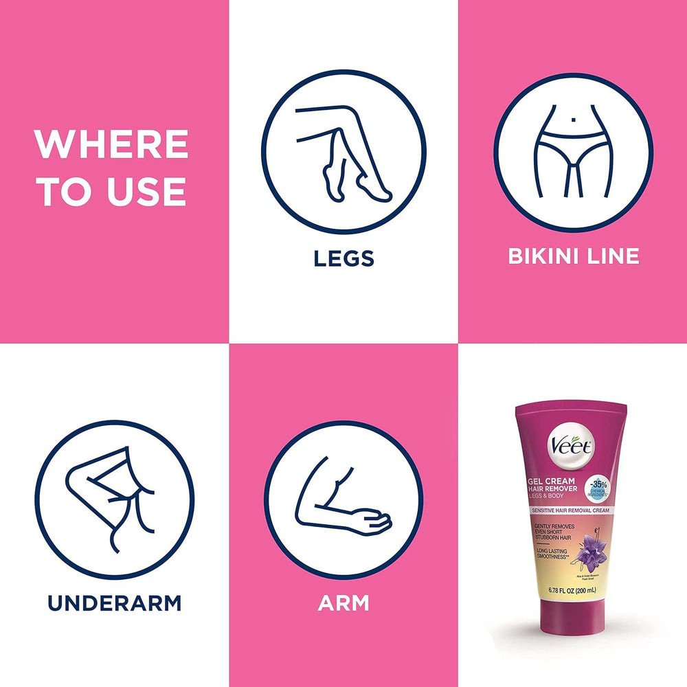 Veet ingredients label shows aloe vera and vitamin E benefits.