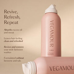 VEGAMOUR GRO Dry Shampoo root refresh enhances volume and grip at the roots.
