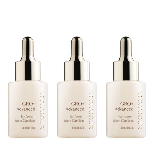 VEGAMOUR GRO+ Advanced Serum bottle shown for smooth scalp care.