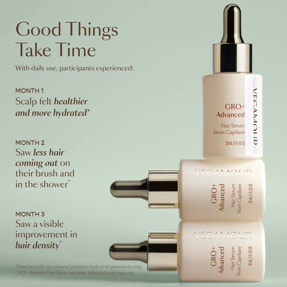 GRO+ Serum on scalp demonstrating hydration without greasiness.