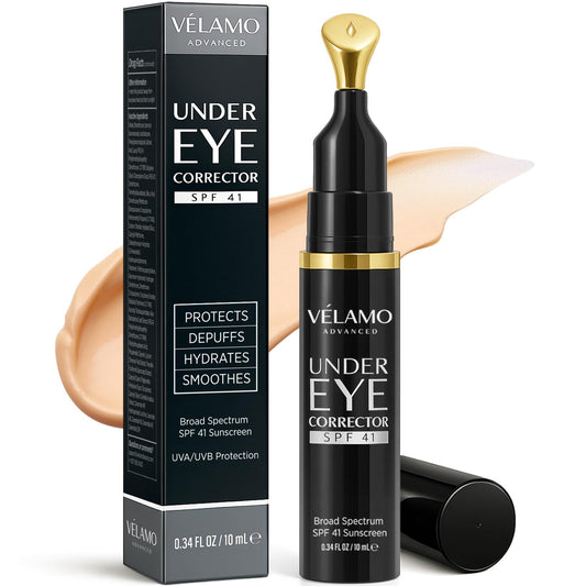 VELAMO ADVANCED Luminous Eye Corrector tube shows peach tone for balanced under-eye color.