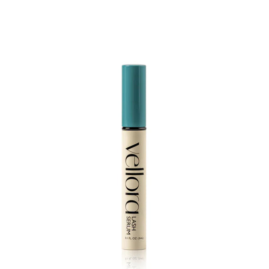 Vellora Lash Growth Serum bottle closeup highlights the peptide formula for healthier lashes.