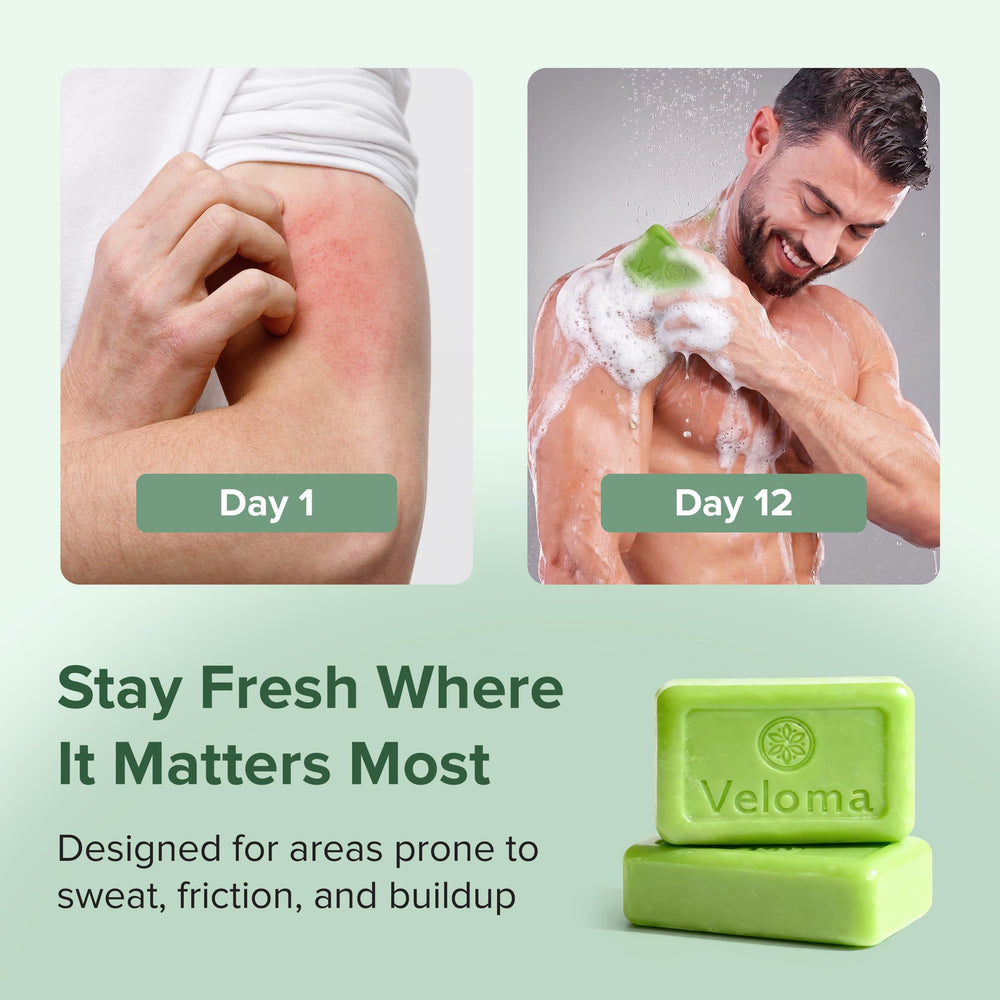 Veloma bar lathering in hand to demonstrate quick rich foam for efficient washing