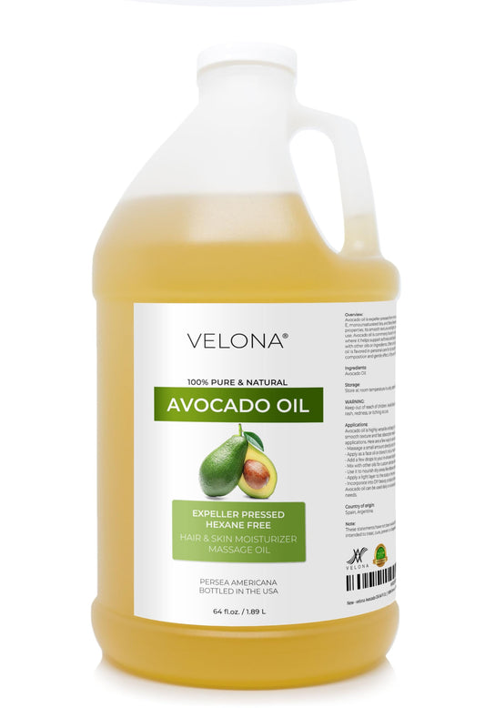 Velona Avocado Oil bottle, pure fragrance-free carrier oil for skin and hair care.