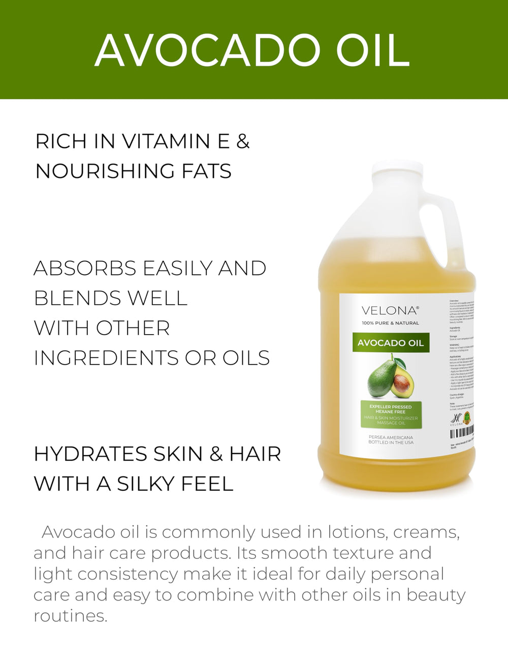 Velona Avocado Oil pour shows light texture for easy blending.