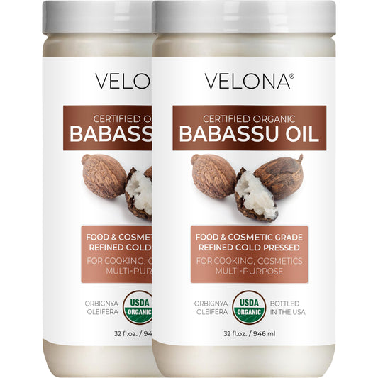 Velona Babassu Oil bottle front showing USDA Organic purity for skin and hair care.