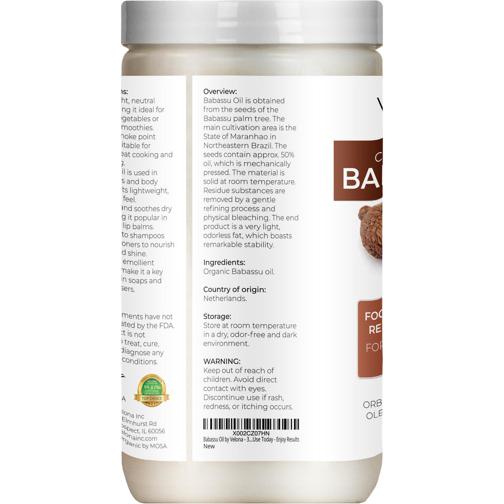 Velona Babassu Oil label displaying USDA Organic status and fragrance-free formulation