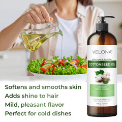 Velona Cotton Seed Oil cooking usage image suggesting frying, baking, light dressings