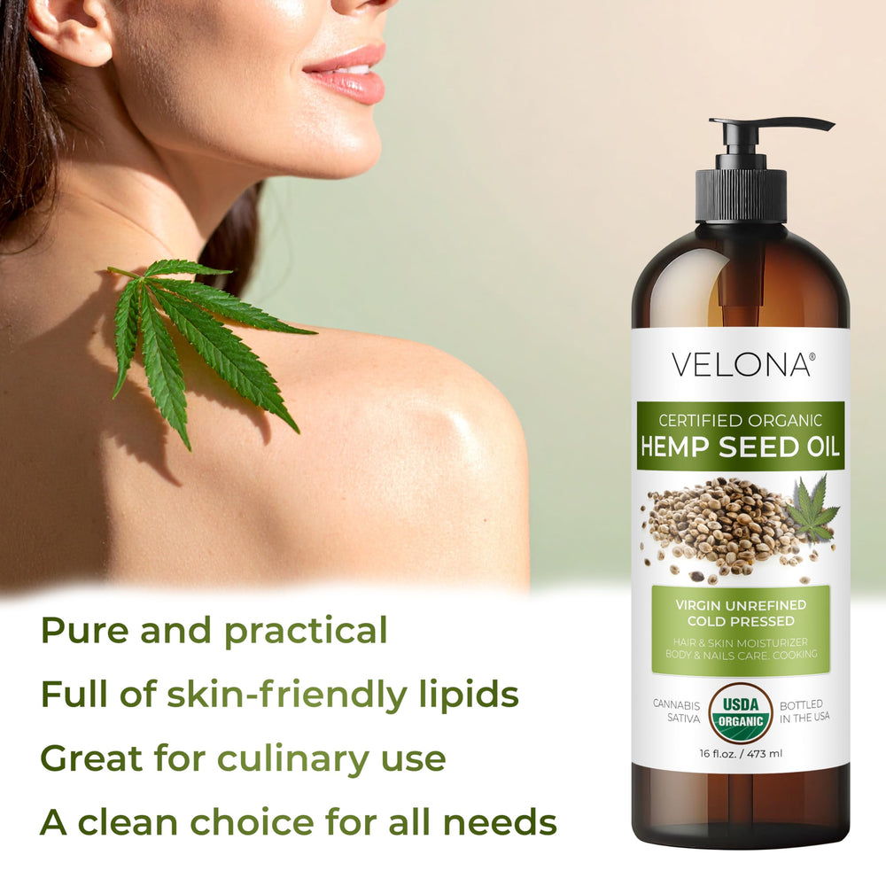 Velona Hemp Seed Oil on skin suggests lightweight balance and hydration.