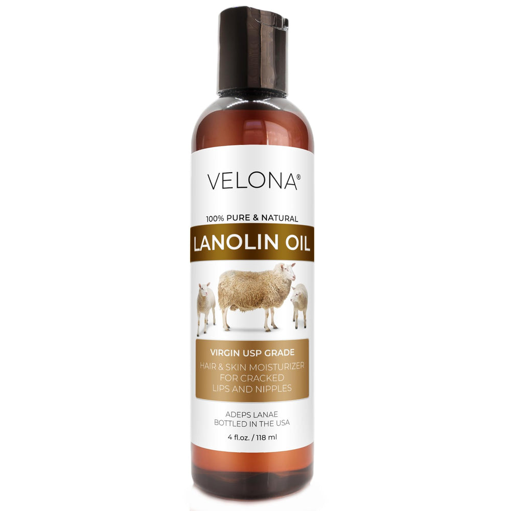 Velona Lanolin Oil bottle with drop for skin moisture.