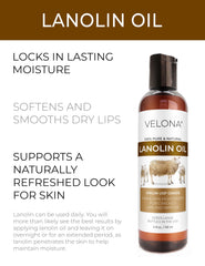 Velona Lanolin Oil close-up label shows purity for skin and hair care.