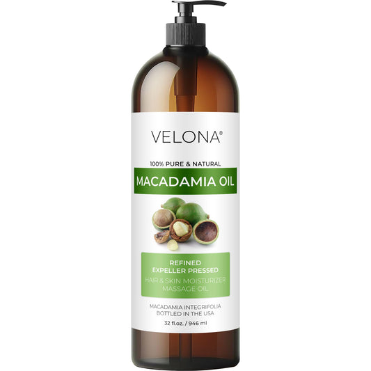 Velona Macadamia Oil bottle pour highlights quick skin absorption and hydration.