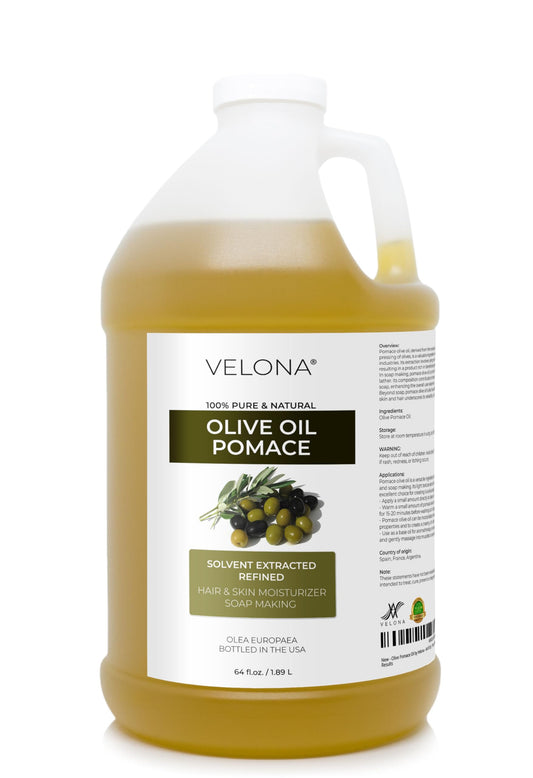 Velona Olive Pomace Oil bottle showing the 64 oz size for skin and hair care