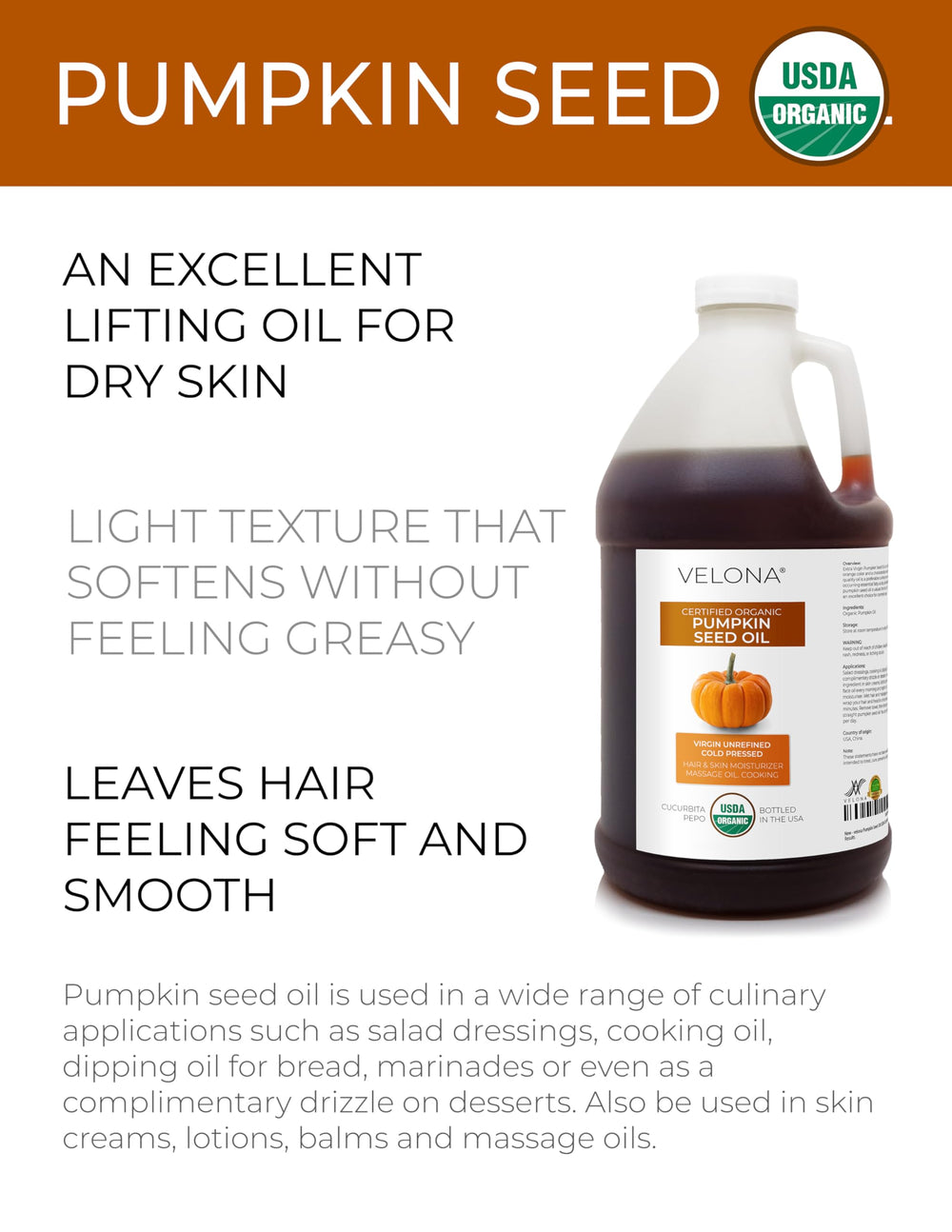Velona pumpkin seed oil shows deep amber hue and nutty aroma.