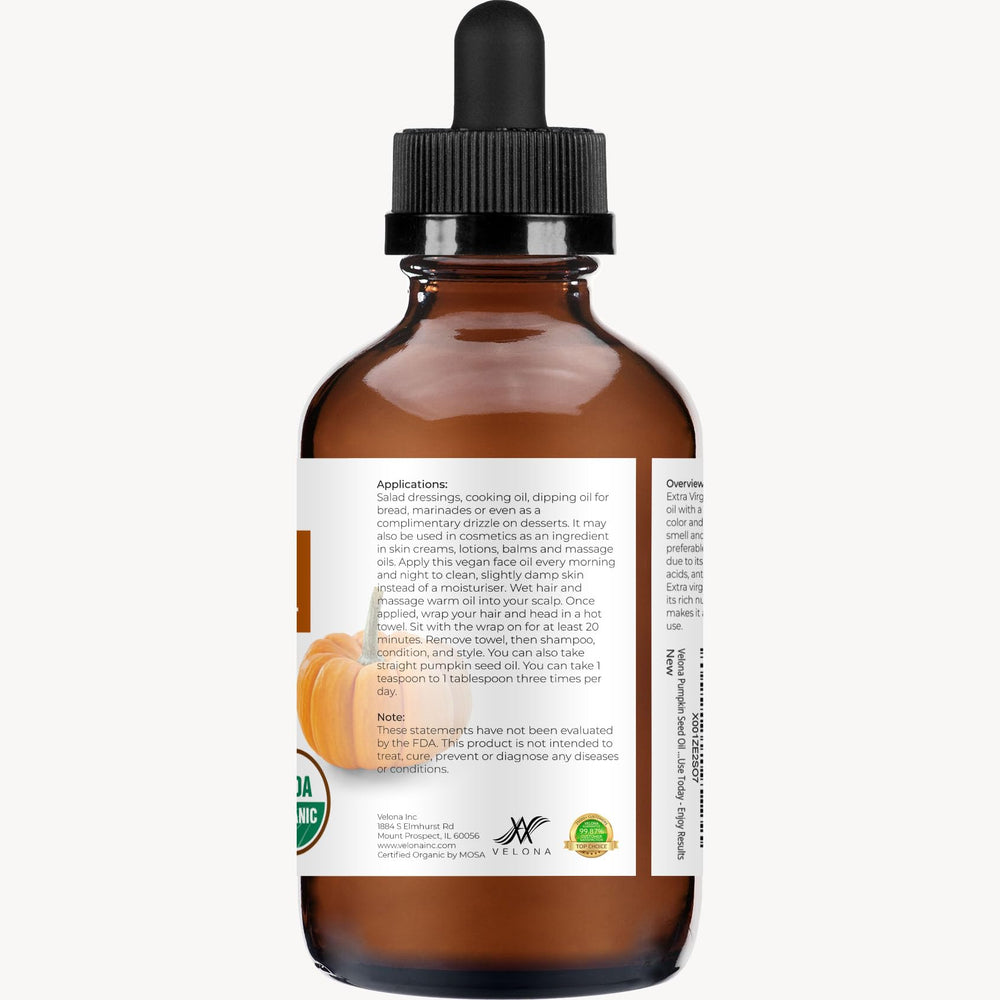 Velona Pumpkin Seed Oil shows olive-to-orange hue and nutty aroma