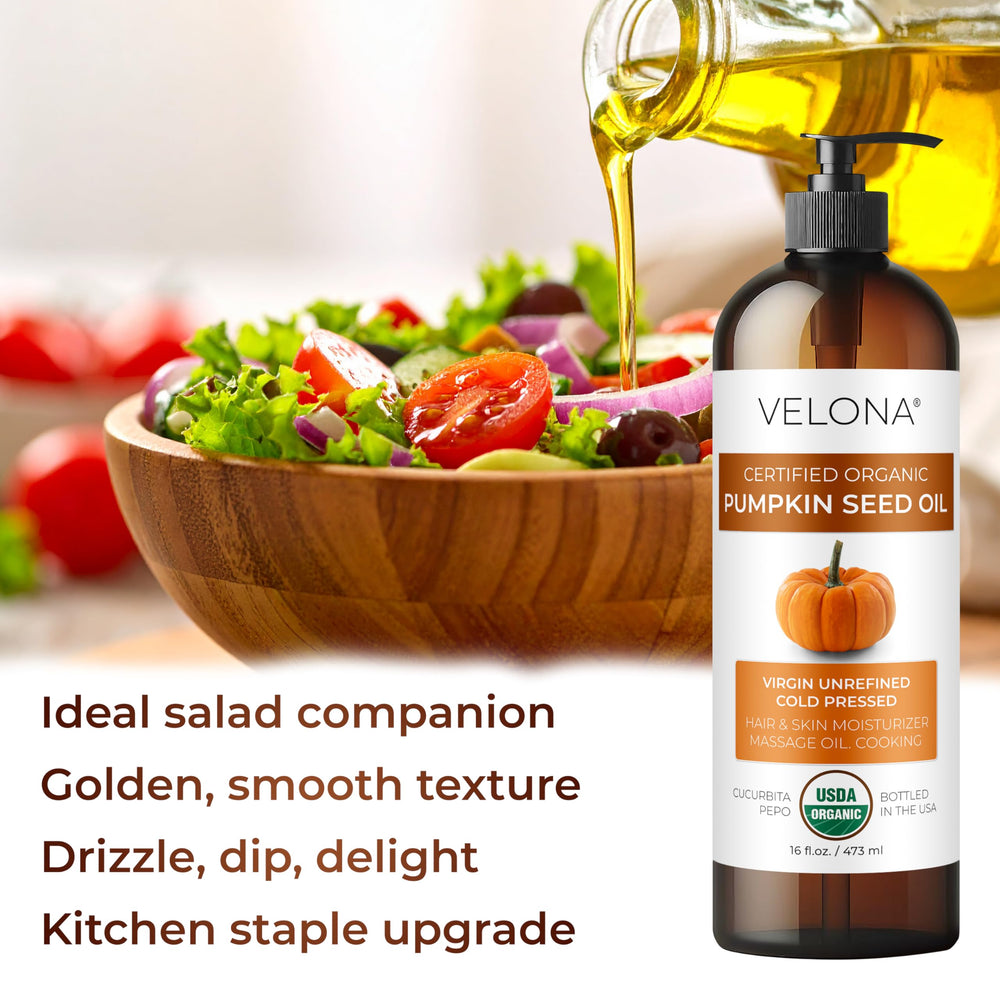 Velona pumpkin seed oil used in salads for finishing.
