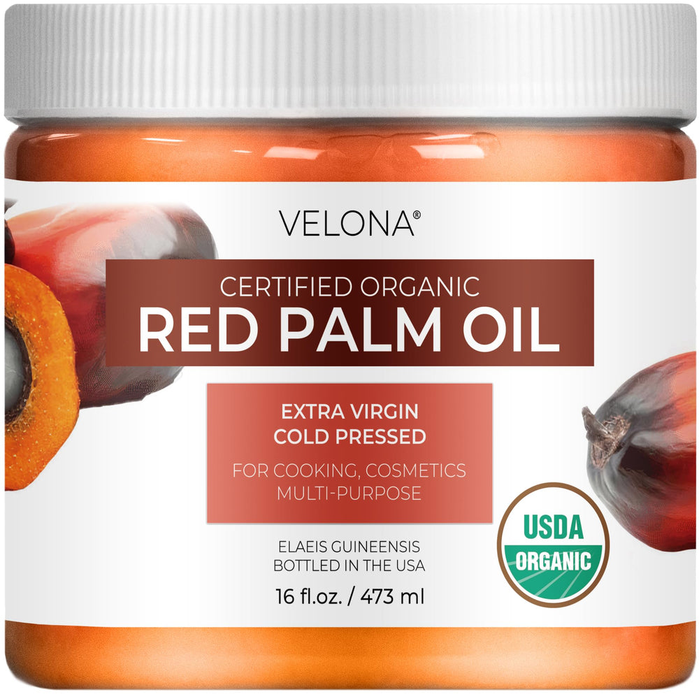 Velona red palm oil 16oz jar, top view, rich in carotenoids for cooking and skincare.