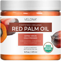 Velona red palm oil 16oz jar, top view, rich in carotenoids for cooking and skincare.