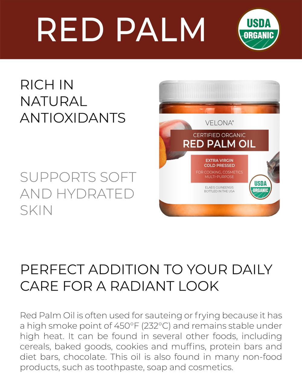 Velona red palm oil color-rich closeup shows vibrant hue for cooking and care.