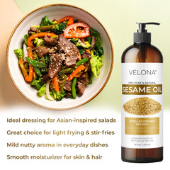 Velona sesame seed oil skin care application with silky, non-greasy feel.