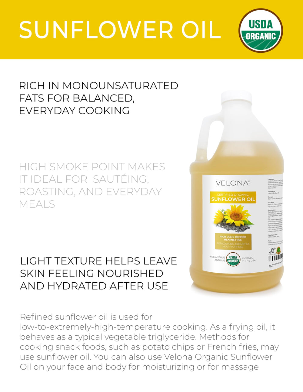 Velona Sunflower Oil label closeup showing organic certification and refined high-oleic clarity