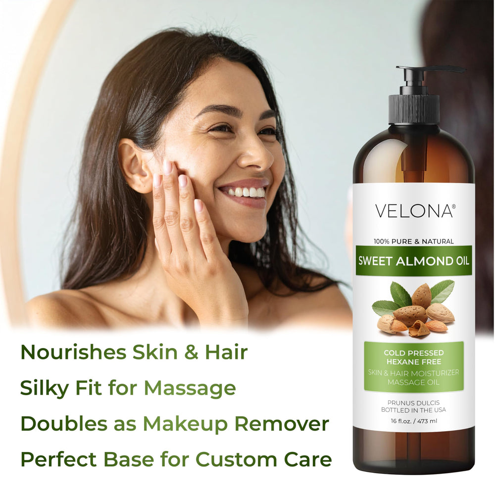 Velona Sweet Almond Oil for hair care to soften and tame strands.
