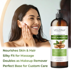 Velona Sweet Almond Oil for hair care to soften and tame strands.