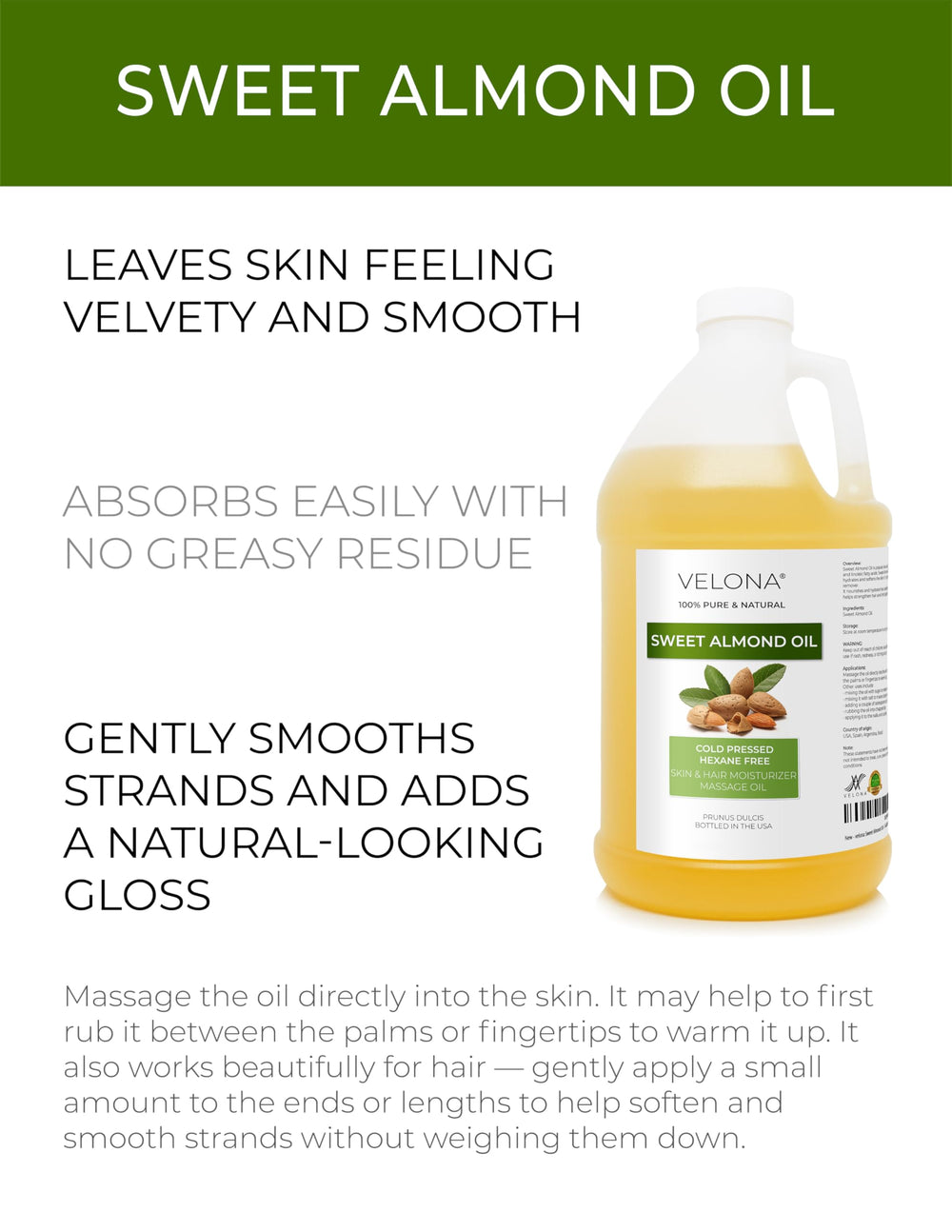 Velona Sweet Almond Oil texture close-up showing silky, lightweight nourishment.