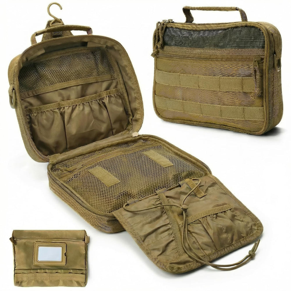 VELVEBAG hanging toiletry bag in khaki with organized pockets for tidy travel