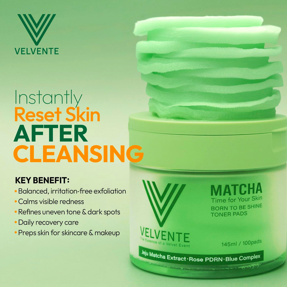 Velvente swipe-ready pad gliding across skin for calm, balanced tone.