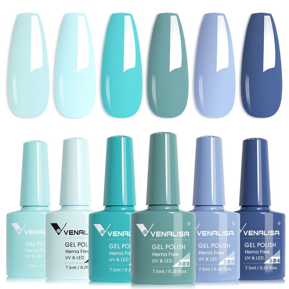 V VENALISA blue gel nail polish set bottles display true color for quick choice.
