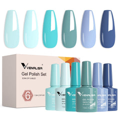 V VENALISA gel polish swatch card reveals six light blue shades for easy planning.