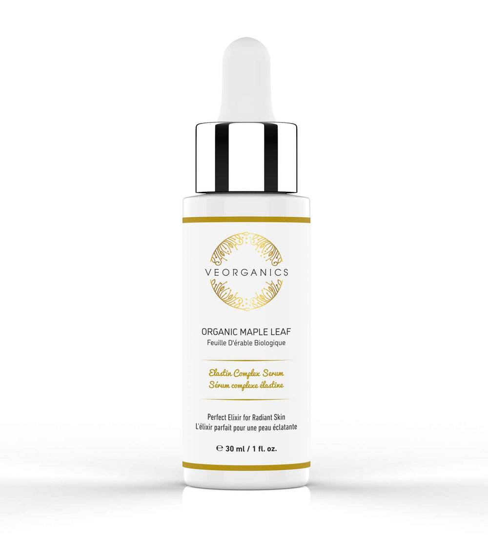 VeOrganics Maple Leaf Serum bottle highlights premium ingredients boosting elasticity.
