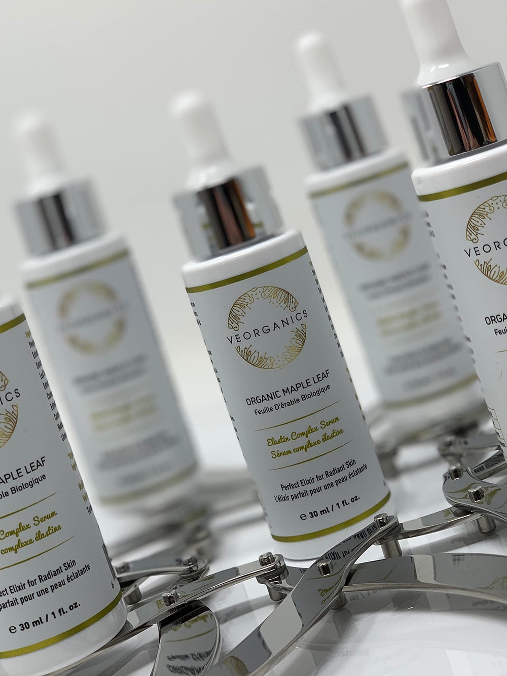 VeOrganics Maple Leaf Serum ingredients close-up with Camu Camu and Chamomile.