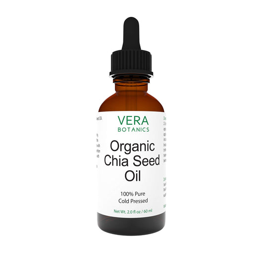 Vera Botanics chia seed oil bottle with dropper for pure skin nourishment.